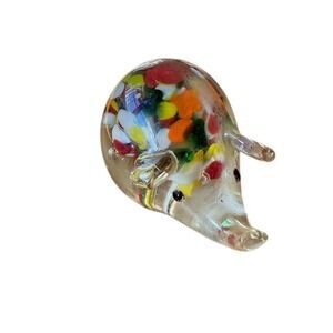 Vintage Stanley Art Glass Pig Figurine Paperweight Clear Confetti hand‎ blown